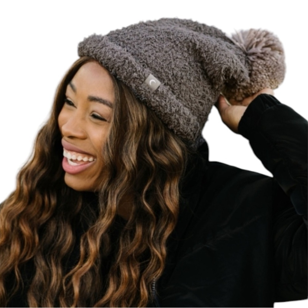 ZYIA Active Grey Double Lined Shaggy Beanie with PomPom